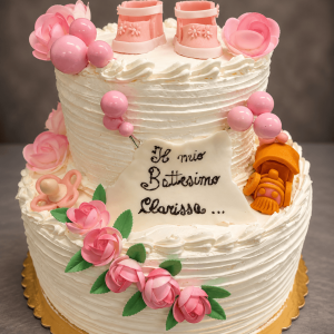 Torta battesimale rosa con scarpine e fiori-pasticceria-saint-honore